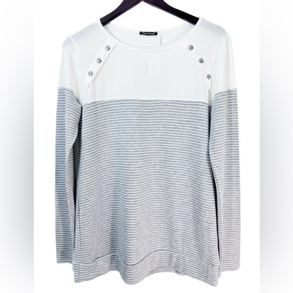 Pink Clover Luna Button Detail Gray Striped Knit Top